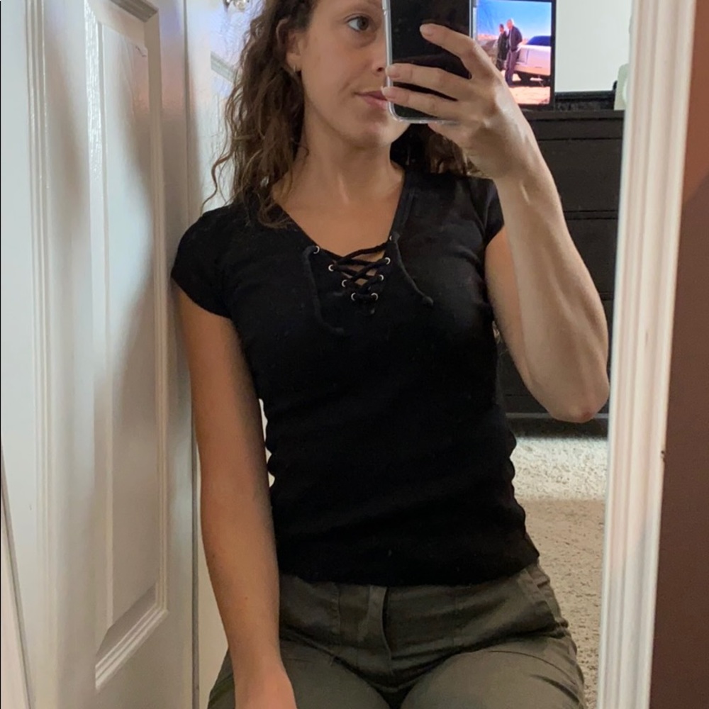 Black lace up Short sleeve top